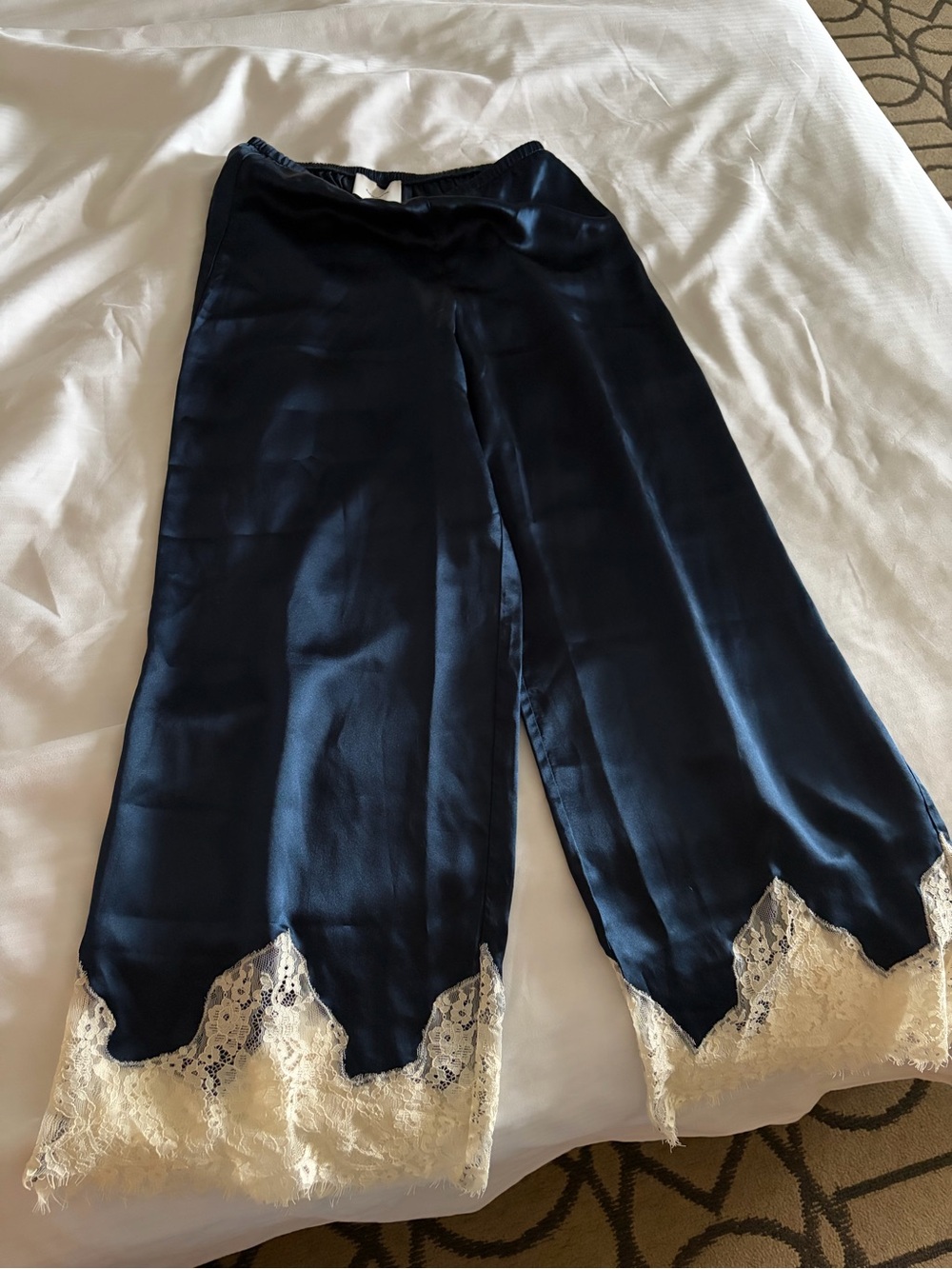 Reformation Carolina Silk Navy Wide-Leg Pants with Cream Lace Trim - Picture 3 of 4